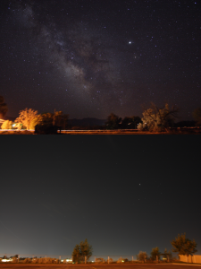 A comparison of the view of the night sky from a small rural town (top) and a metropolitan area (bottom). Light pollution dramatically reduces the visibility of stars. - Jeremy Stanley 